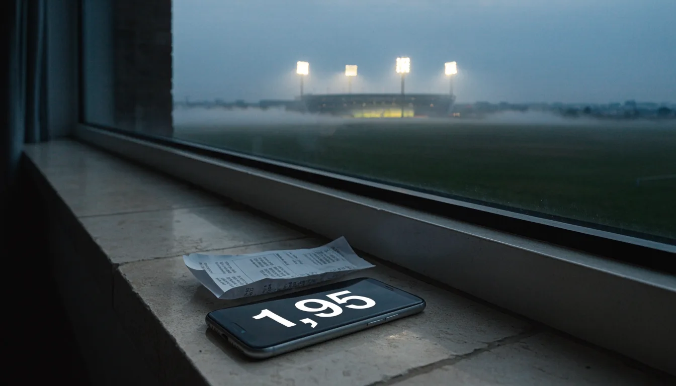 Ein Stadion unter Flutlicht, aus großer Entfernung über eine dunkle Wiese fotografiert, am Himmel zieht Nebel auf.