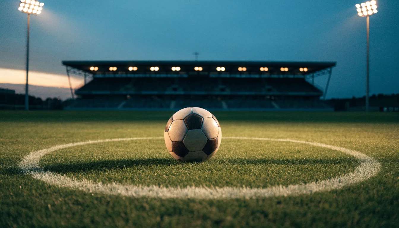 Ein Fußball liegt auf dem Anstoßpunkt eines leeren Rasenplatzes, im Hintergrund steht ein Stadion unter Flutlicht in der Dämmerung.