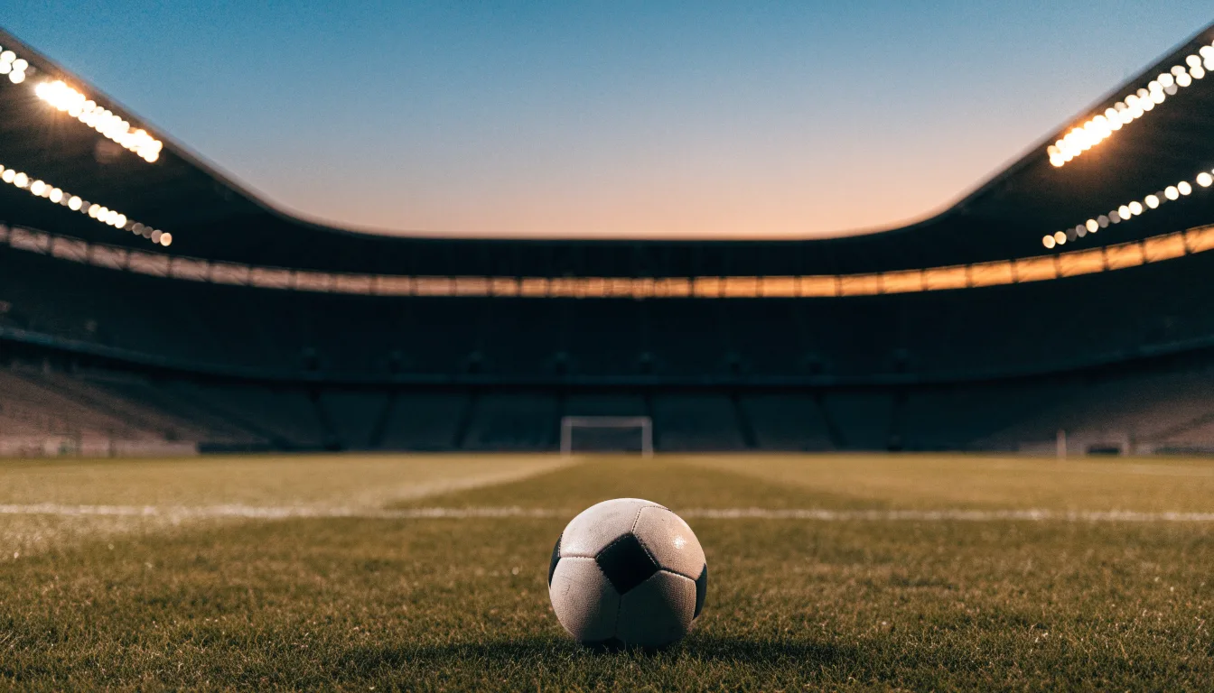 Ein Fußball liegt auf dem Rasen eines leeren Platzes, im Hintergrund ein Stadion unter Flutlicht in der Abenddämmerung.