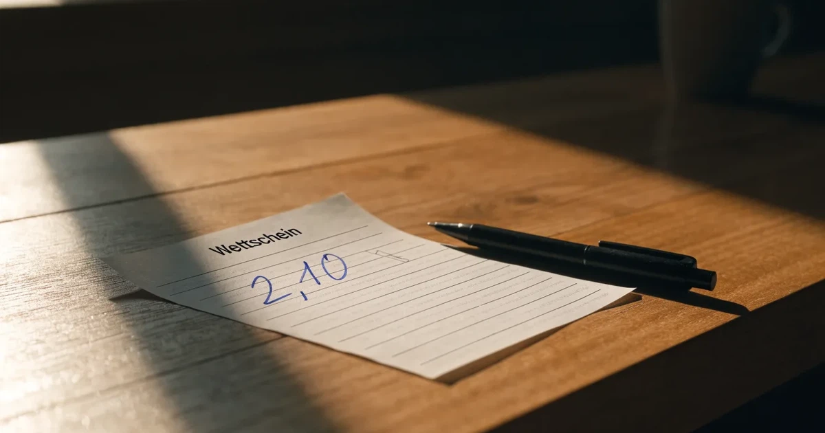 Ein leerer Wettschein aus Papier liegt neben einem Stift auf einer hölzernen Theke, weiches Licht fällt von der Seite ein.