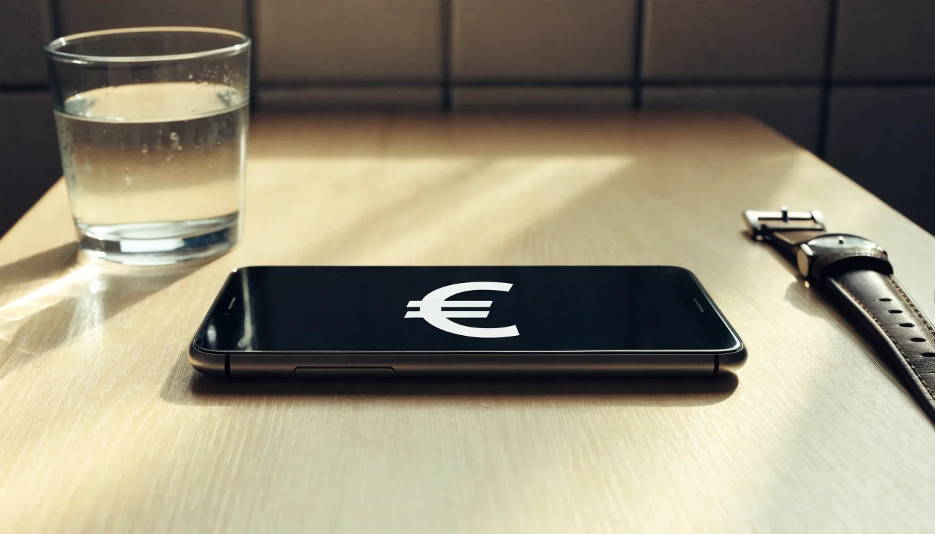 Ein Smartphone liegt mit dem Display nach unten auf einem Küchentisch, daneben stehen ein Glas Wasser und eine Armbanduhr.