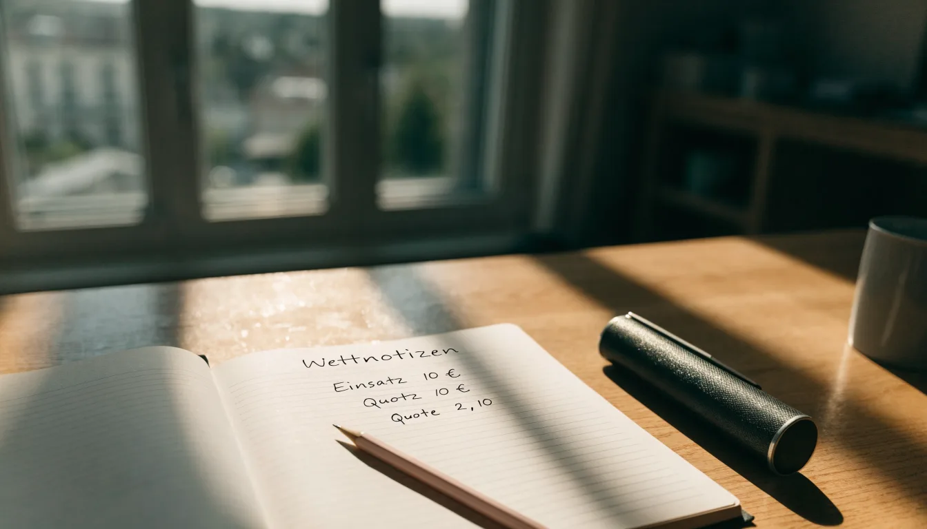 Ein Notizbuch mit handschriftlichen Notizen und ein Bleistift liegen auf einem Schreibtisch am Fenster, draußen fällt Morgenlicht herein.