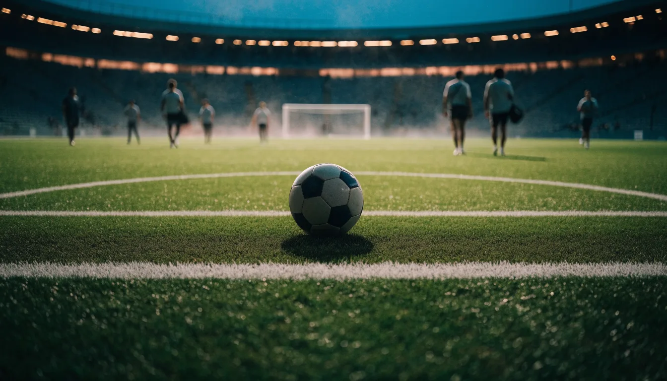 Ein Fußball liegt auf dem Anstoßpunkt eines leeren Rasenplatzes, im Hintergrund steht ein Stadion unter Flutlicht in der Dämmerung.