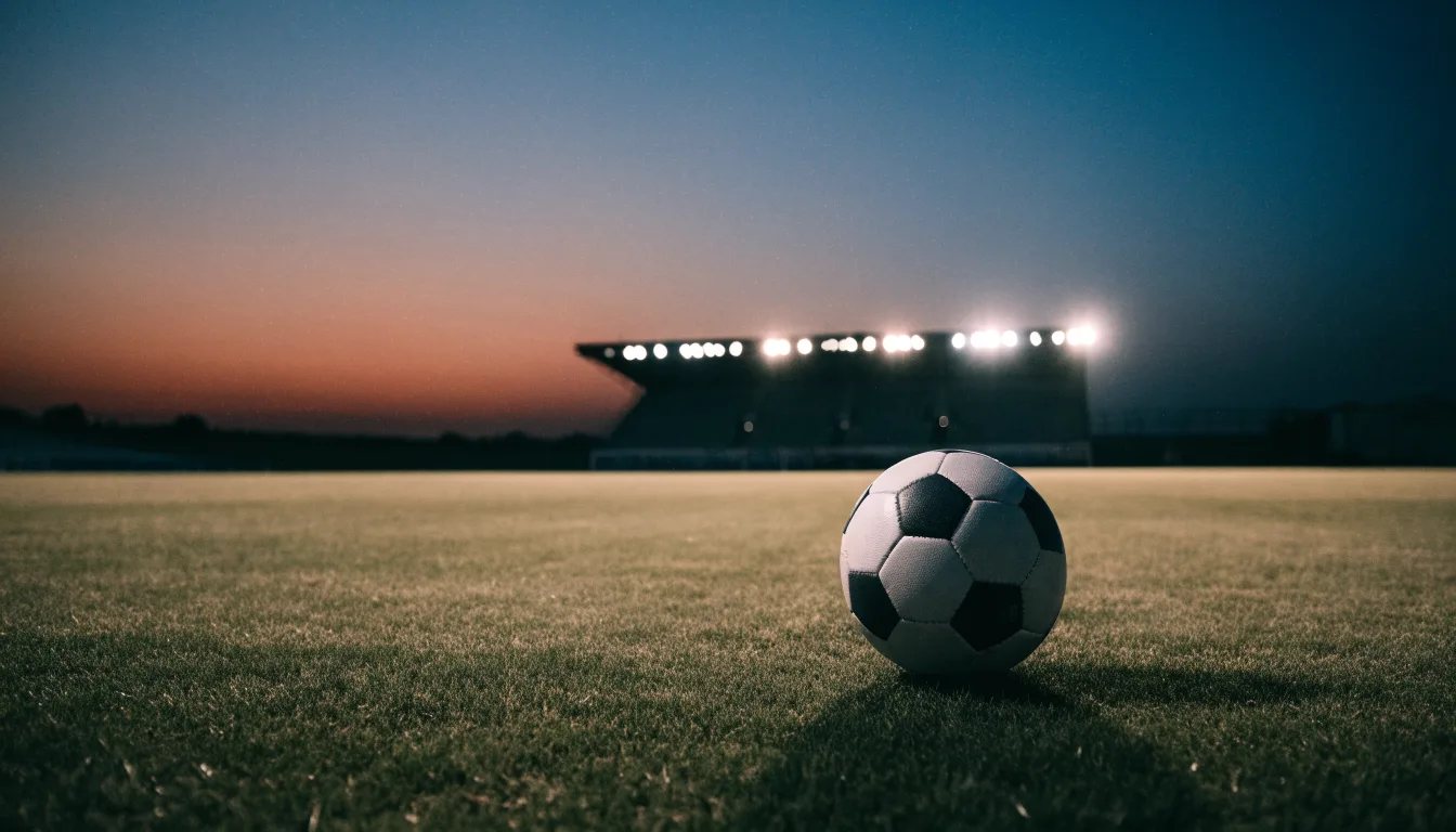 Ein Fußball liegt auf dem Rasen eines leeren Platzes, im Hintergrund ein Stadion unter Flutlicht in der Abenddämmerung.