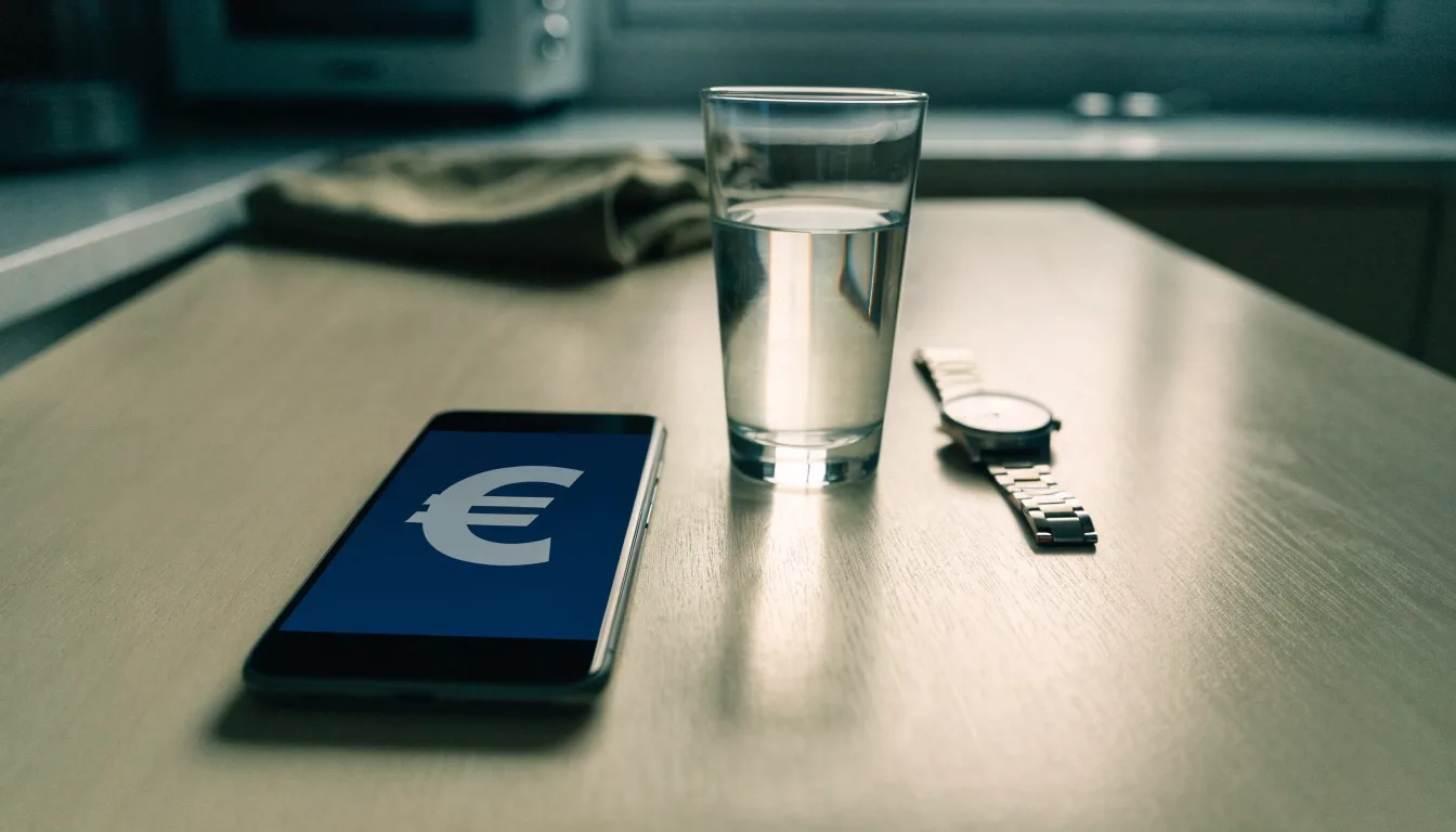 Ein Smartphone liegt mit dem Display nach unten auf einem Küchentisch, daneben stehen ein Glas Wasser und eine Armbanduhr.