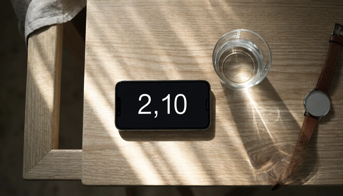 Ein Smartphone liegt mit dem Display nach unten auf einem Küchentisch, daneben stehen ein Glas Wasser und eine Armbanduhr.