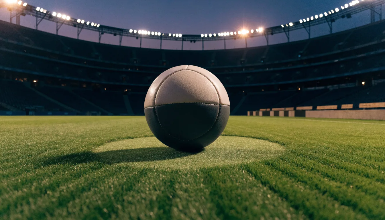 Ein Fußball liegt auf dem Anstoßpunkt eines leeren Rasenplatzes, im Hintergrund steht ein Stadion unter Flutlicht in der Dämmerung.