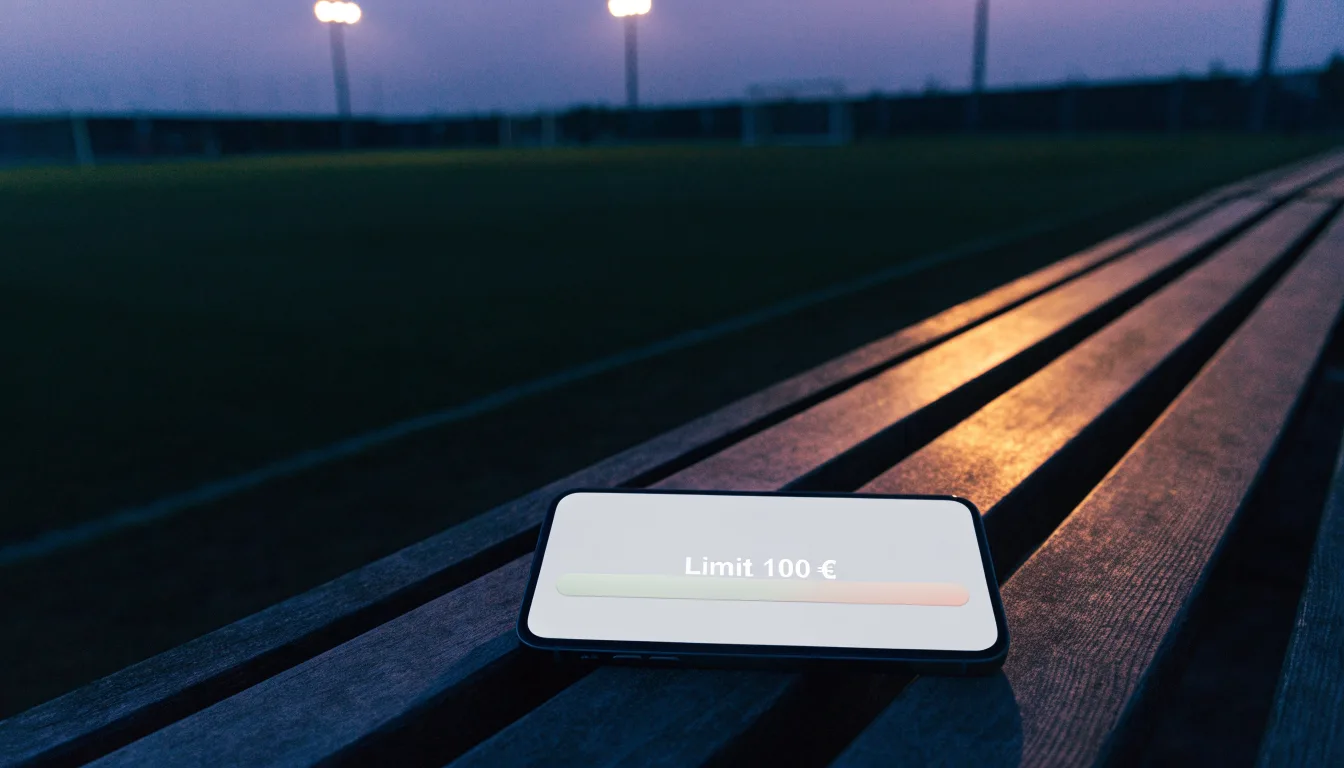 Eine leere Parkbank am Rand eines Fußballfelds in der Abenddämmerung, im Hintergrund ragen dunkle Flutlichtmasten in den Himmel.