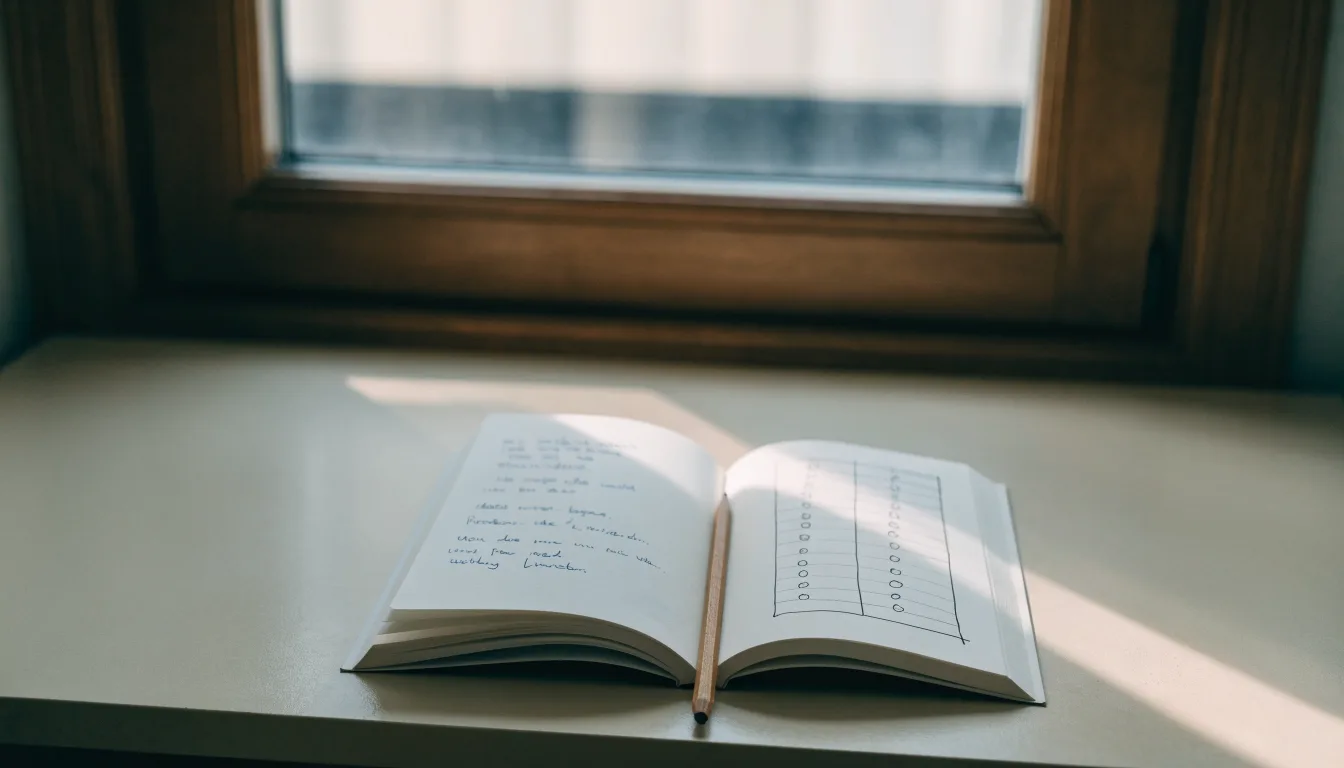 Ein Notizbuch mit handschriftlichen Notizen und ein Bleistift liegen auf einem Schreibtisch am Fenster, draußen fällt Morgenlicht herein.