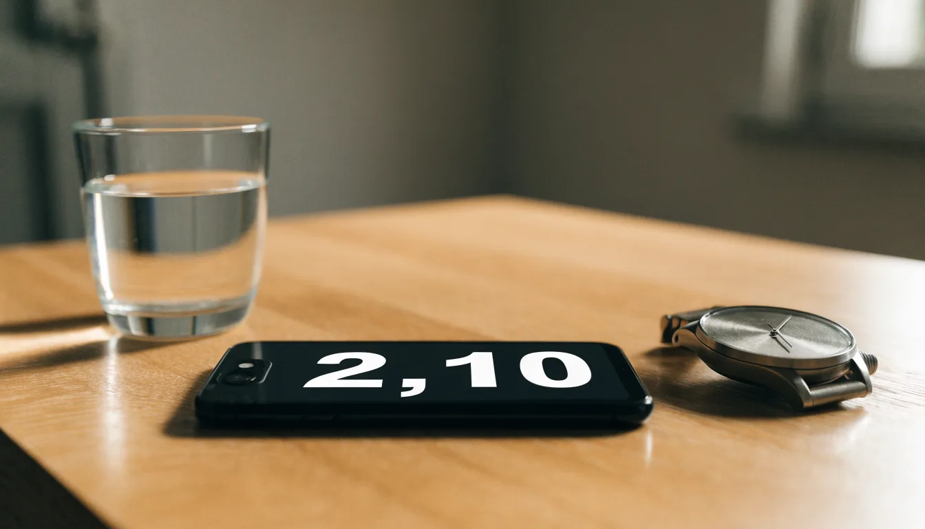 Ein Smartphone liegt mit dem Display nach unten auf einem Küchentisch, daneben stehen ein Glas Wasser und eine Armbanduhr.
