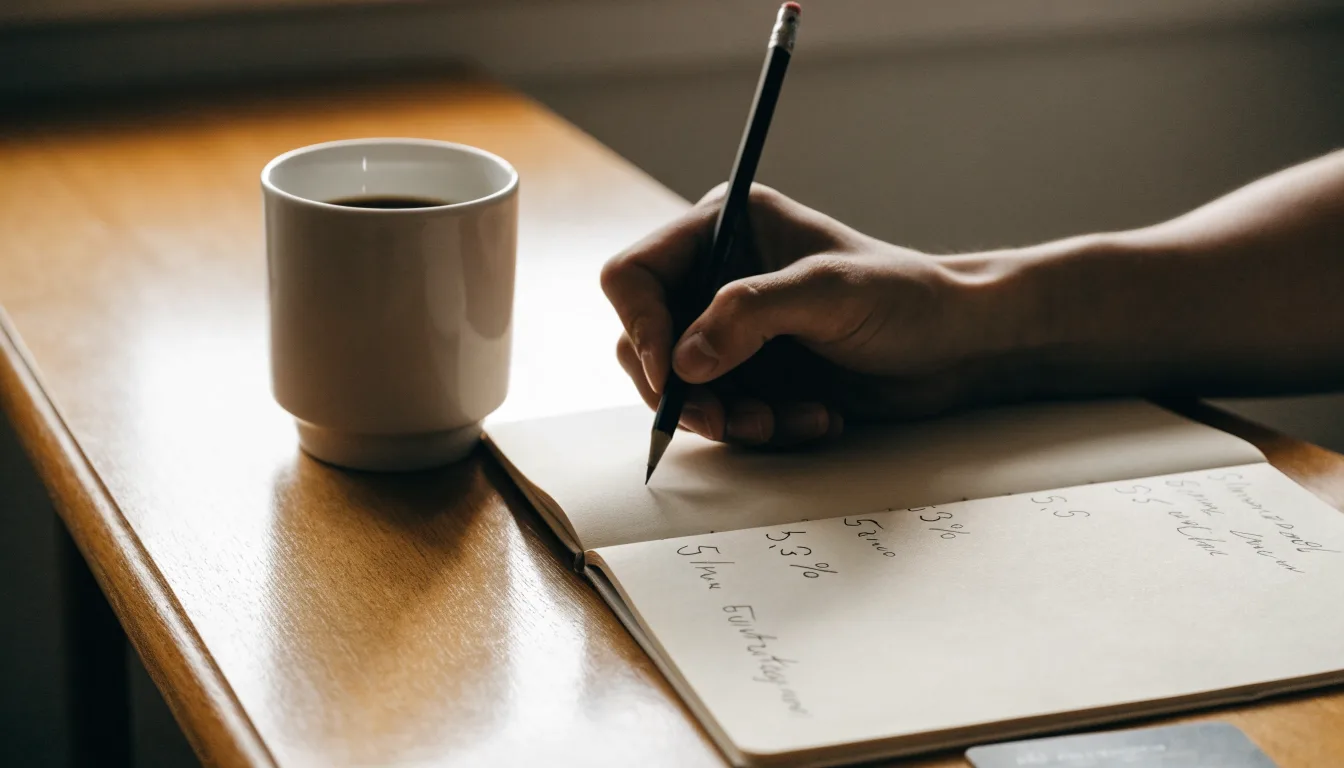 Ein Notizbuch mit handschriftlichen Rechnungen und ein Taschenrechner liegen auf einem Schreibtisch neben einer Tasse Kaffee im Licht des frühen Morgens.