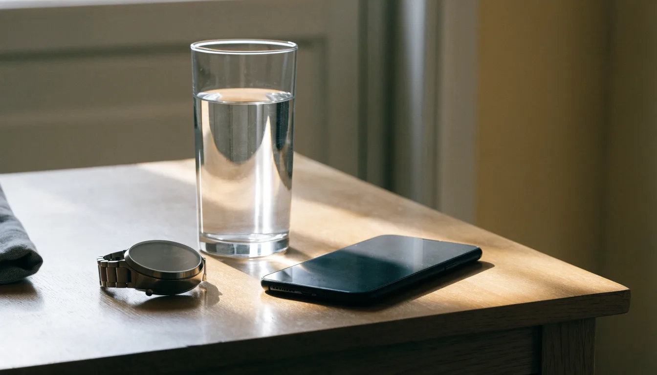 Ein Smartphone liegt mit dem Display nach unten auf einem Küchentisch, daneben stehen ein Glas Wasser und eine Armbanduhr.