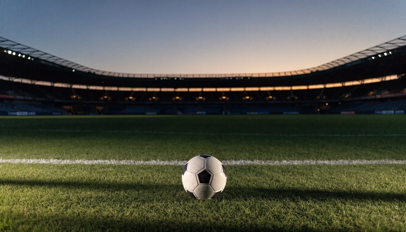 Ein Fußball liegt auf dem Rasen eines leeren Platzes, im Hintergrund ein Stadion unter Flutlicht in der Abenddämmerung.