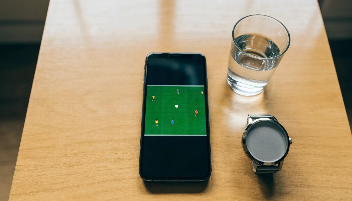 Ein Smartphone liegt mit dem Display nach unten auf einem Küchentisch, daneben stehen ein Glas Wasser und eine Armbanduhr.