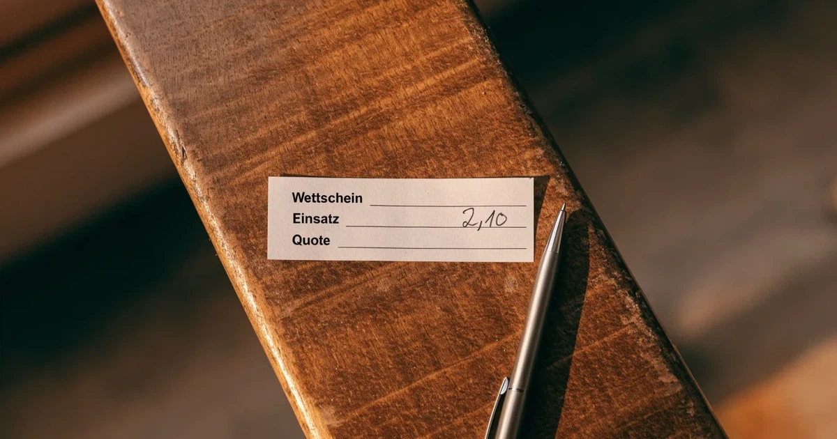Ein leerer Wettschein aus Papier liegt neben einem Stift auf einer hölzernen Theke, weiches Licht fällt von der Seite ein.