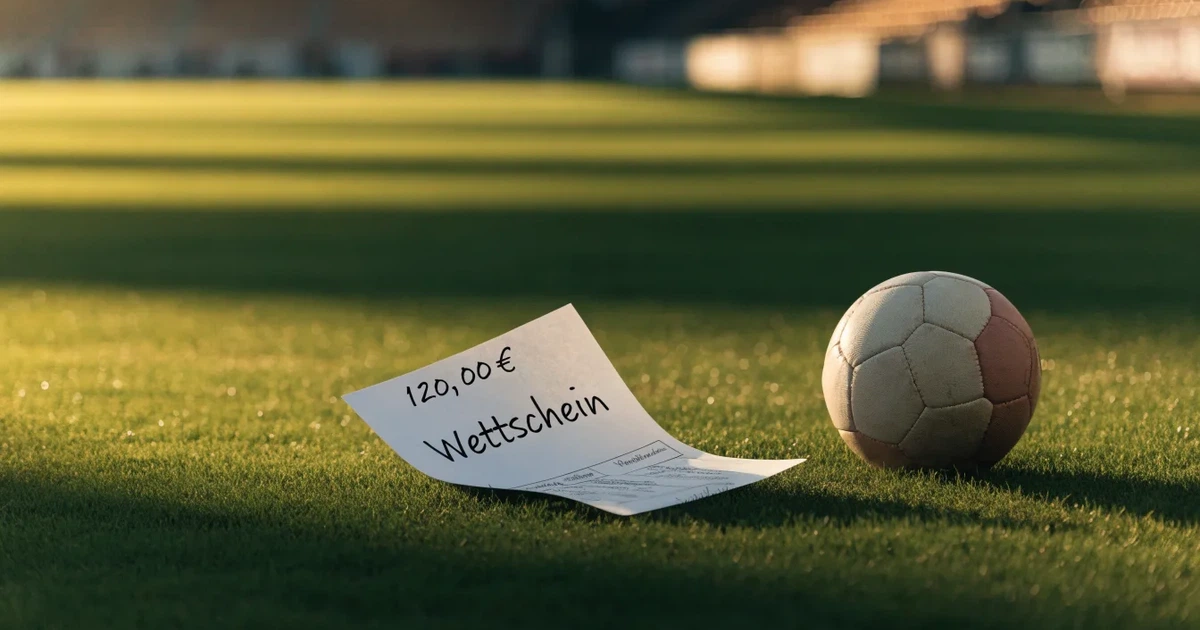 Ein verschlossener leerer Briefumschlag liegt neben einem Fußball auf grünem Rasen im warmen Licht des Nachmittags.