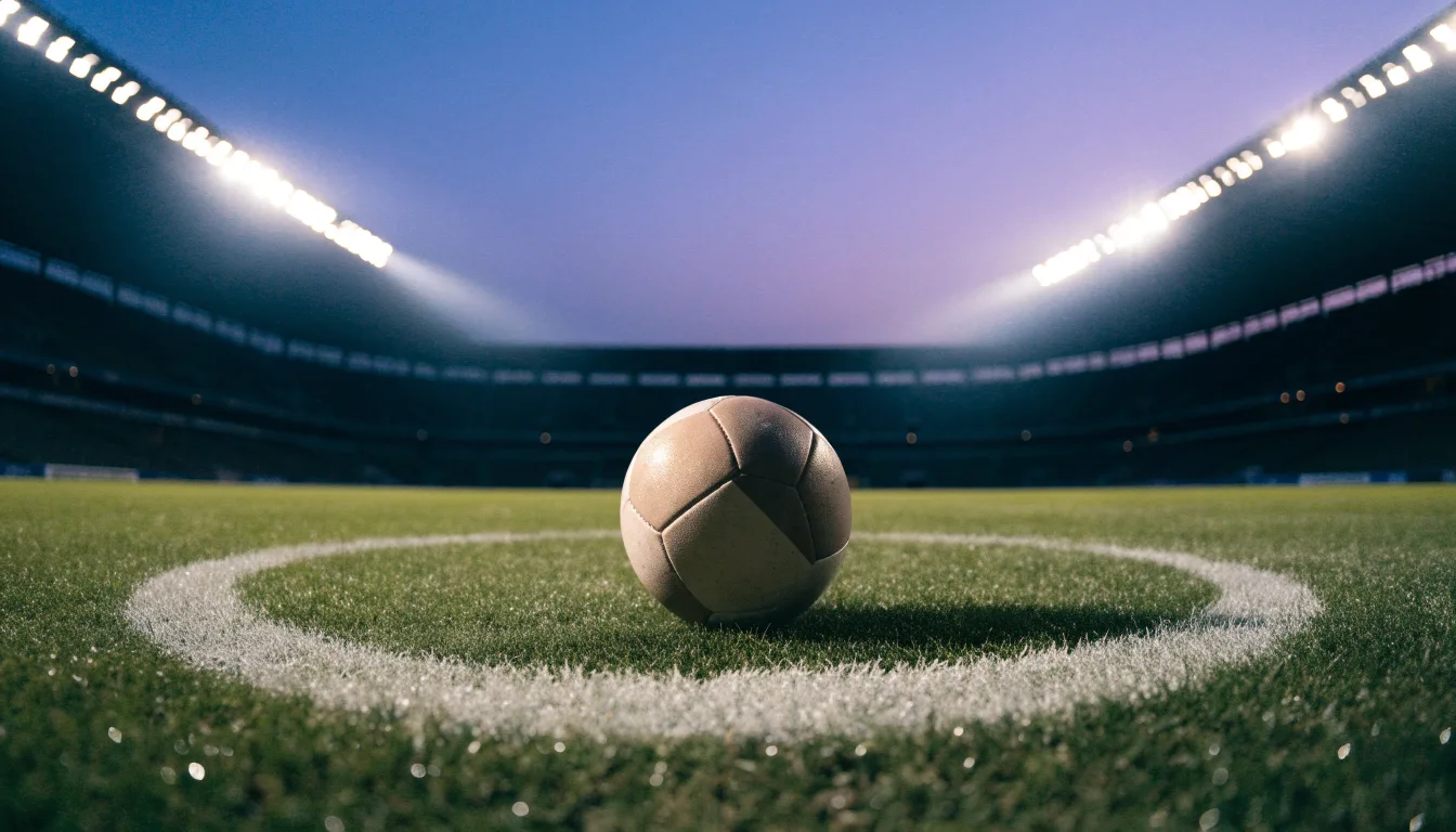 Ein Fußball liegt auf dem Anstoßpunkt eines leeren Rasenplatzes, im Hintergrund steht ein Stadion unter Flutlicht in der Dämmerung.