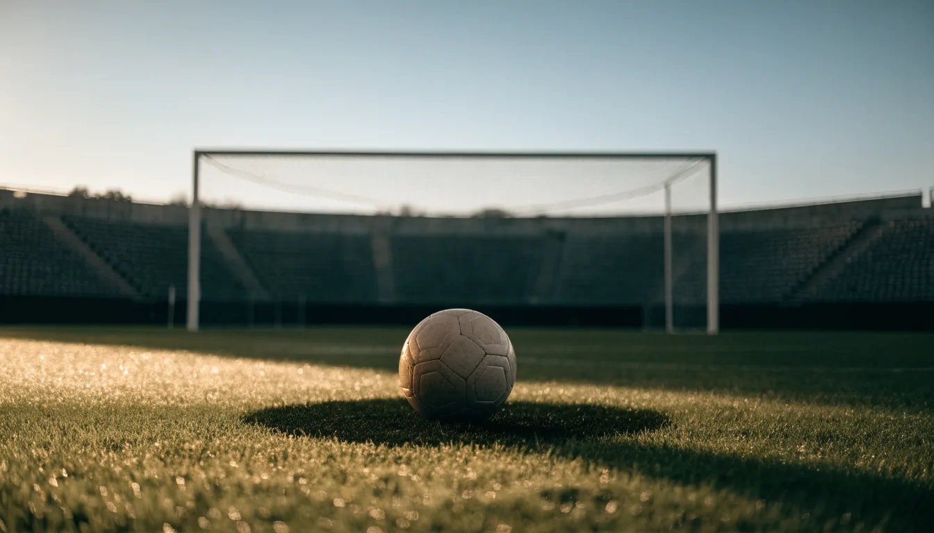 Ein Fußball liegt auf dem Anstoßpunkt eines leeren Rasenplatzes in der Morgendämmerung, im Hintergrund eine leere Tribüne.