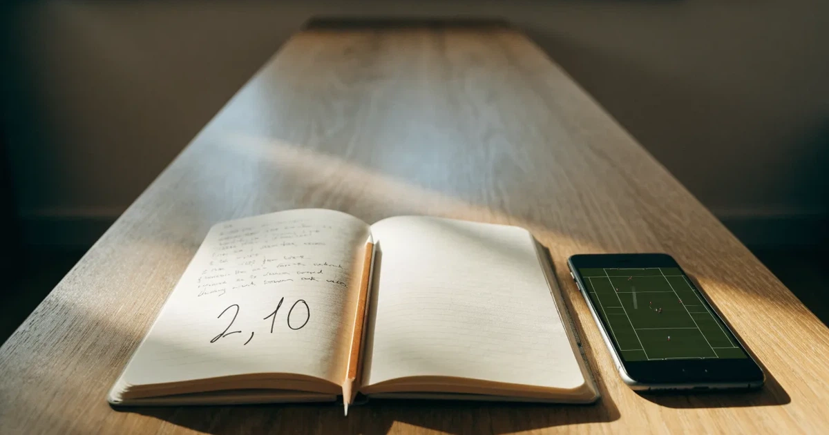 Mehrere Smartphones liegen mit dem Display nach unten neben einem Notizblock und einem Bleistift auf einem hellen Holztisch, seitliches Morgenlicht.