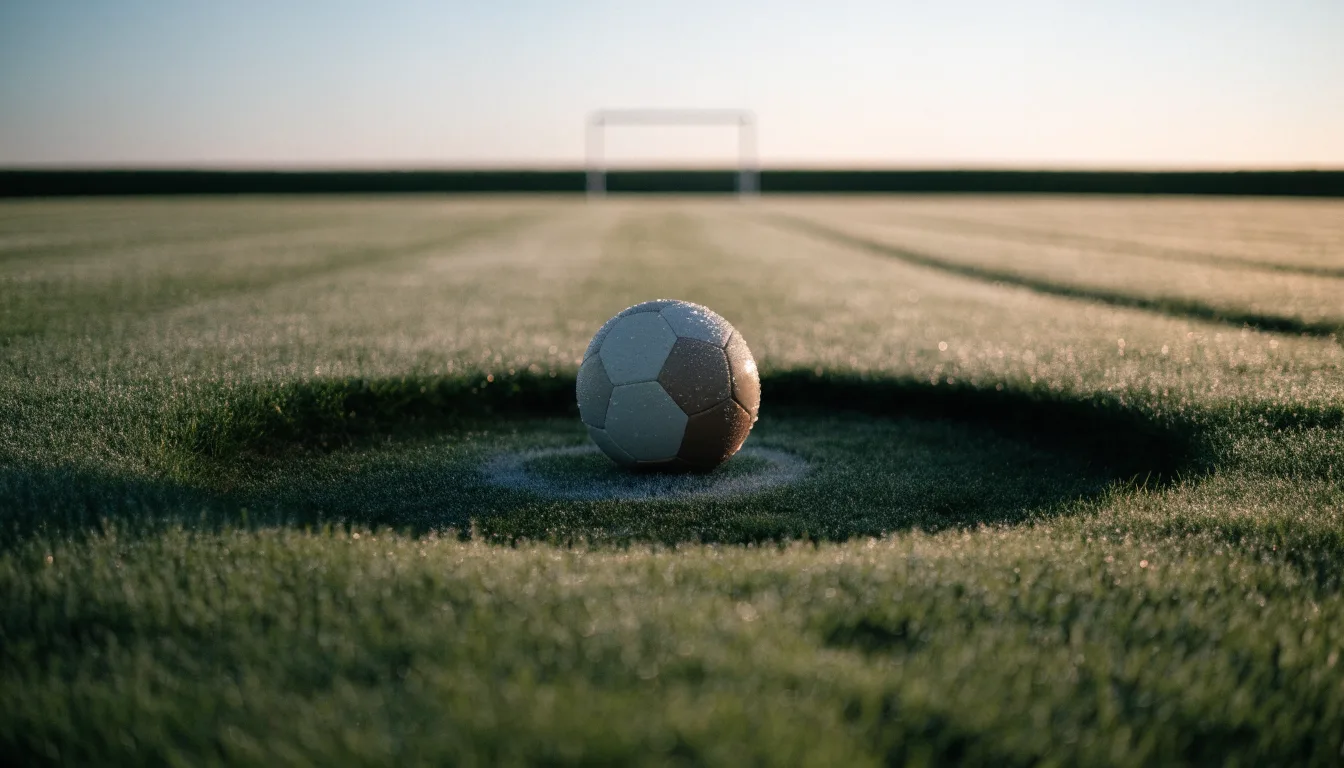 Ein Fußball ruht auf dem Mittelkreis eines leeren Rasenplatzes in der Morgendämmerung, Tau liegt auf dem Gras.