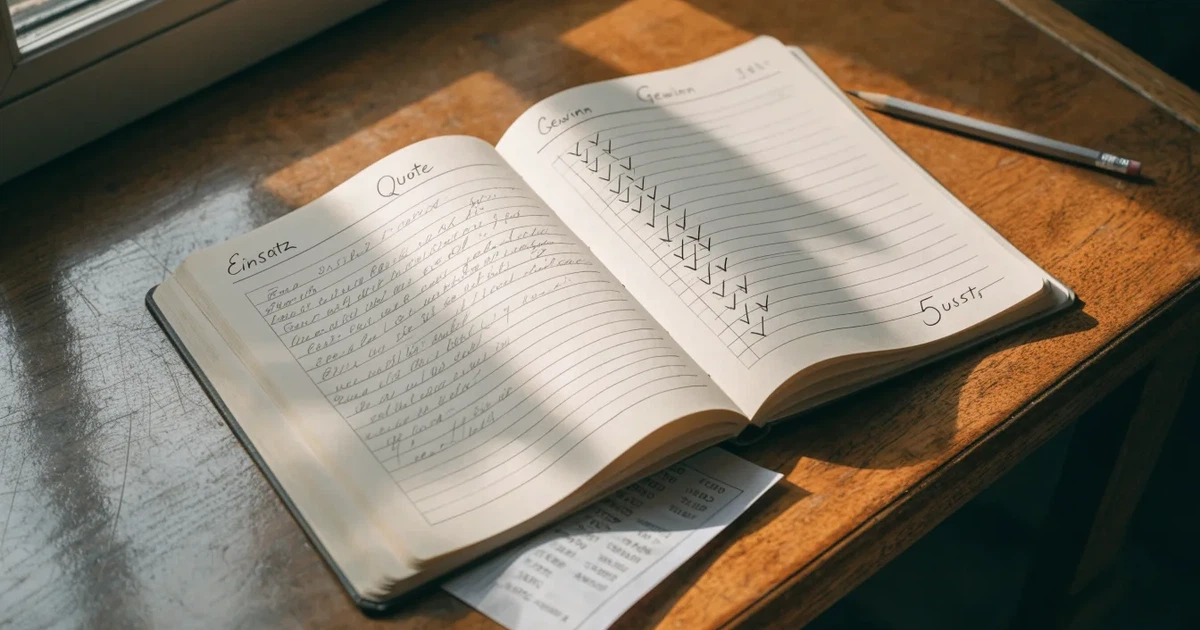 Ein Notizbuch mit handschriftlichen Spalten und Strichlisten liegt neben einem Taschenrechner und einem Bleistift auf einem Schreibtisch.