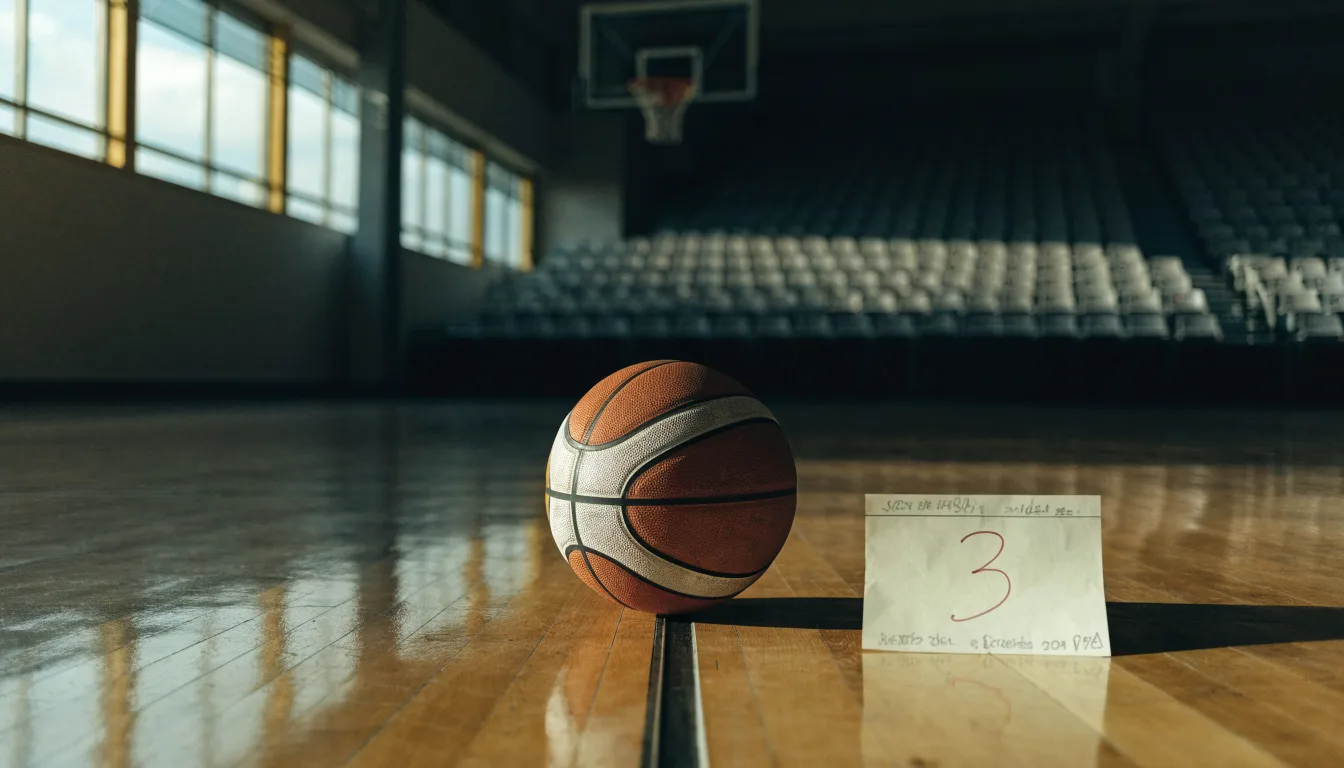 Ein Basketball liegt auf dem Hallenboden unter einem Korb, das Netz hängt ruhig, Morgenlicht fällt durch hohe Fenster.