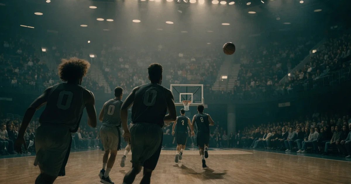 Eine leere Basketballhalle von einer oberen Tribünenreihe aus gesehen, Parkett und Körbe im Licht der Hallenstrahler.