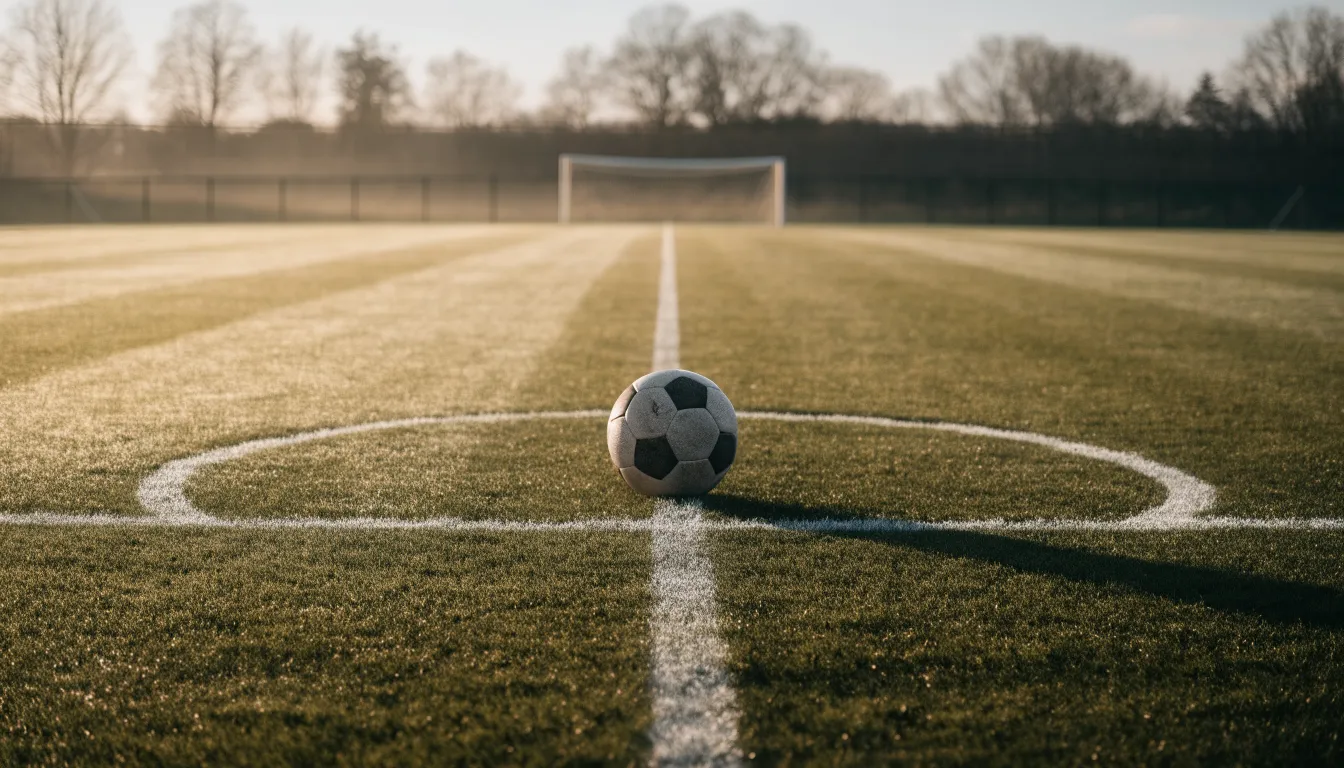 Ein Fußball liegt auf dem Anstoßkreis eines leeren Rasenplatzes im Licht der Morgensonne.