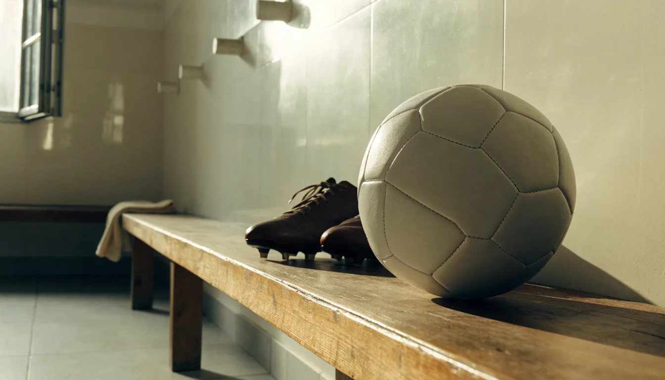 Ein Fußball liegt neben einem Paar Fußballschuhen ohne Markenzeichen auf einer Holzbank in einer leeren Umkleide.