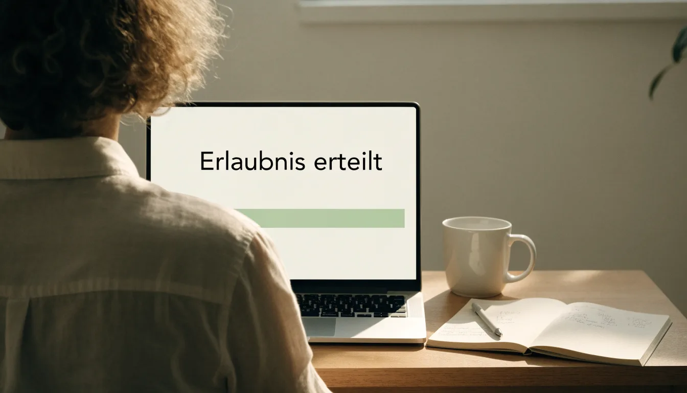 Eine Messingwaage steht auf einem hellen Schreibtisch neben einer Pflanze, Tageslicht fällt durch ein Fenster.