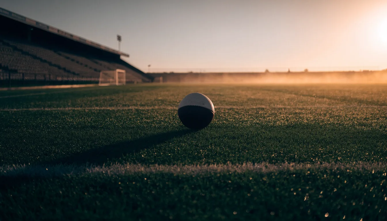 Ein Fußball liegt auf dem Anstoßpunkt eines leeren Rasenplatzes in der Morgendämmerung, im Hintergrund eine leere Tribüne.