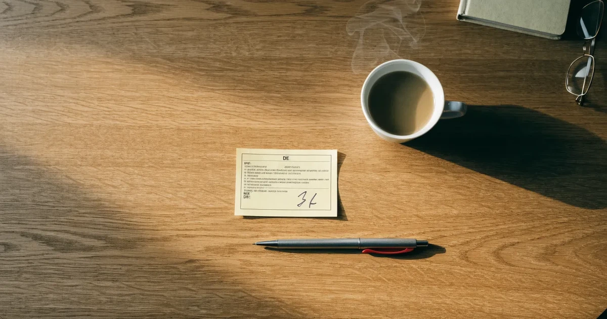 Ein leerer Wettschein aus Papier liegt neben einem Kugelschreiber und einer Tasse Kaffee auf einem Tisch, Aufnahme von oben.