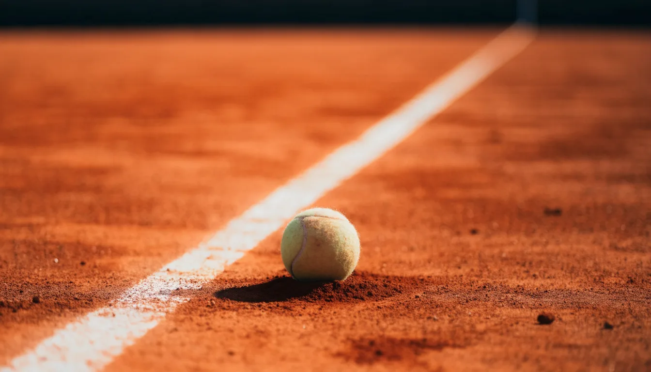 Ein einzelner Tennisball liegt auf rotem Sand neben einer weißen Linie, geringe Schärfentiefe.