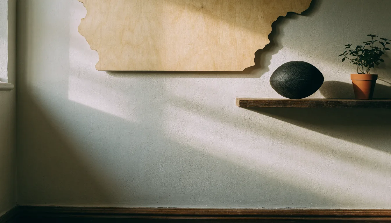 Eine Weltkarte aus Holz hängt an einer Wand, davor liegt ein Fußball auf einem Regal, ohne erkennbare Beschriftung.