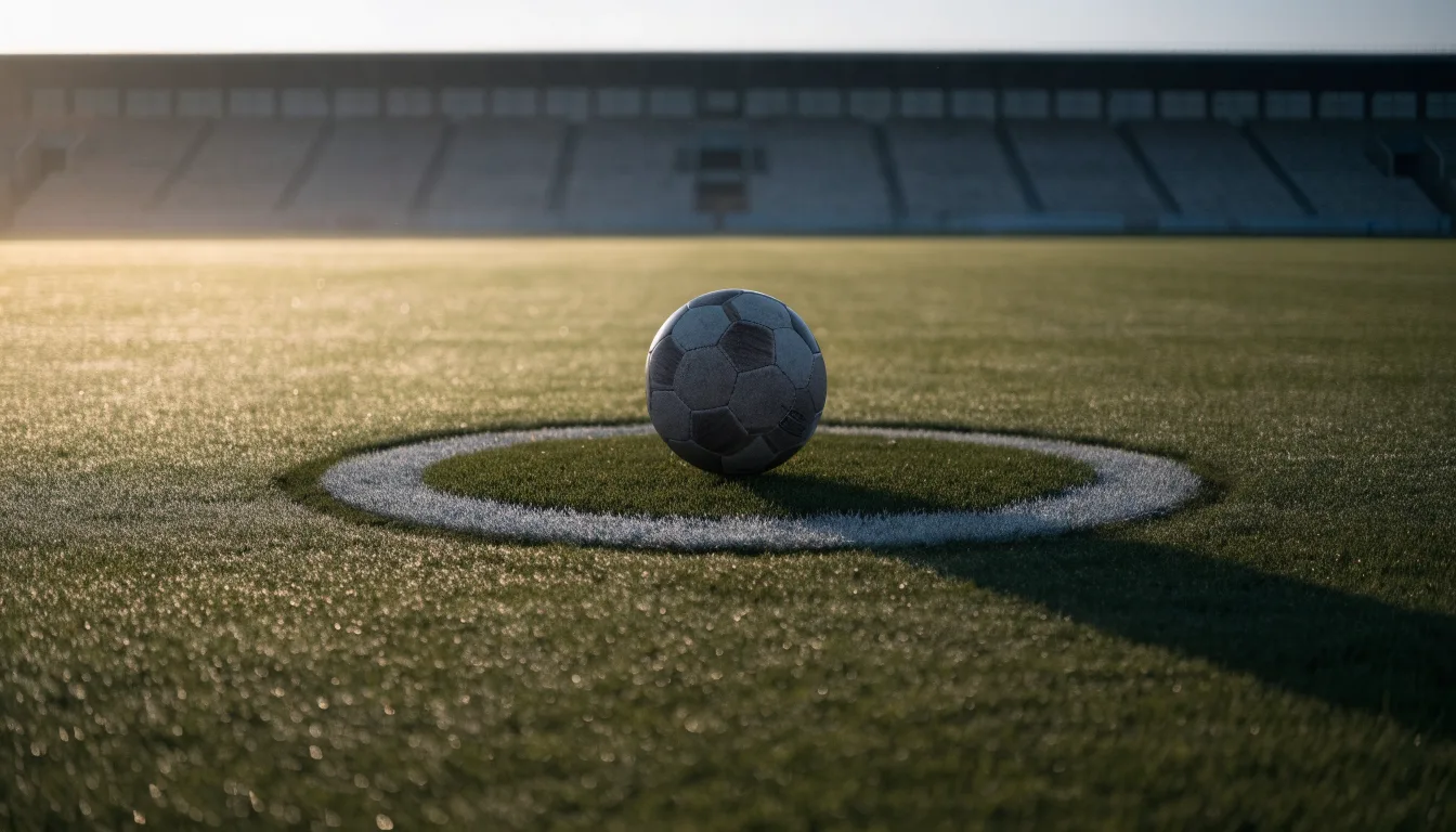 Ein Fußball liegt auf dem Anstoßpunkt eines leeren Rasenplatzes im frühen Morgenlicht, dahinter eine leere Tribüne.