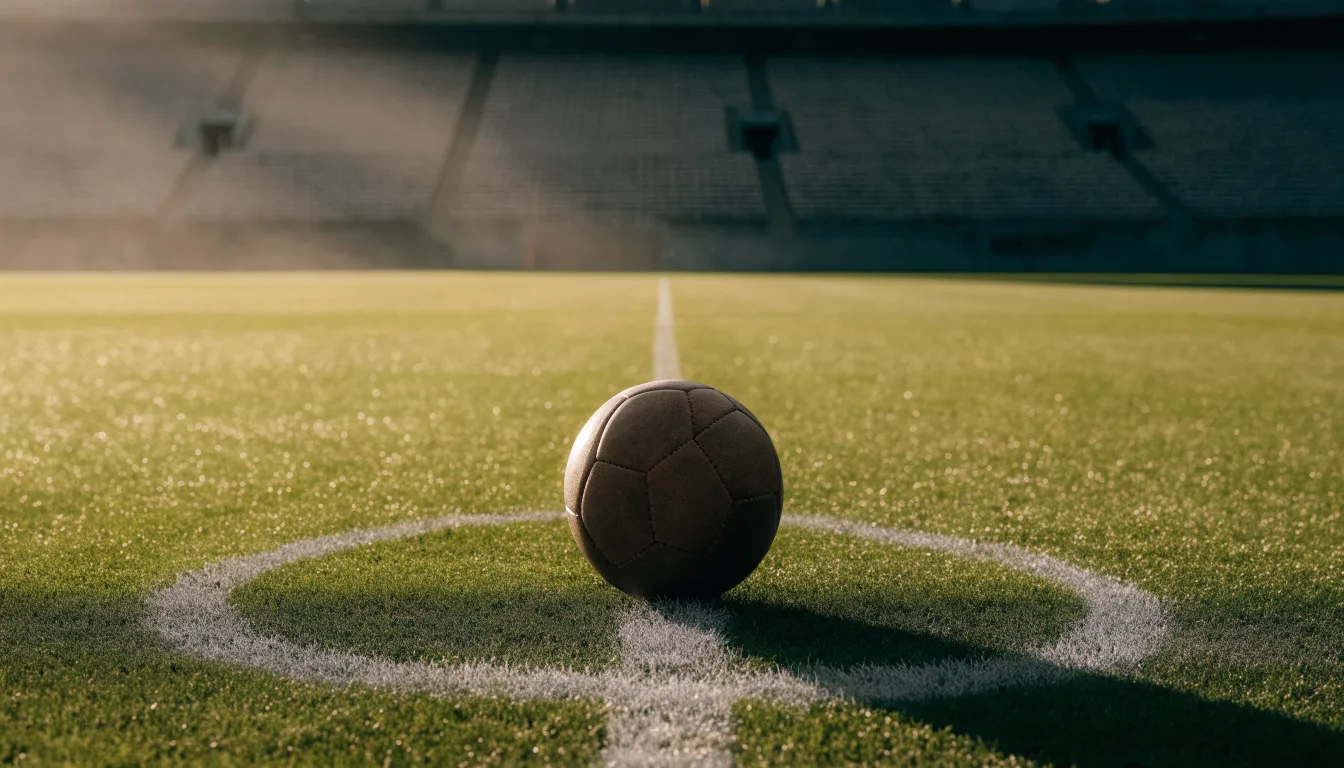 Ein Fußball liegt auf dem Anstoßpunkt eines leeren Rasenplatzes im frühen Morgenlicht, dahinter eine leere Tribüne.
