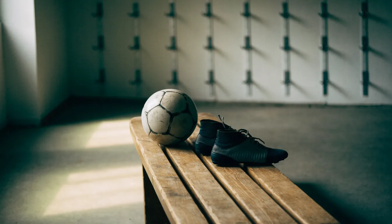 Ein Fußball liegt auf einer Holzbank in einer leeren Umkleide neben einem Paar Fußballschuhen ohne Markenzeichen.