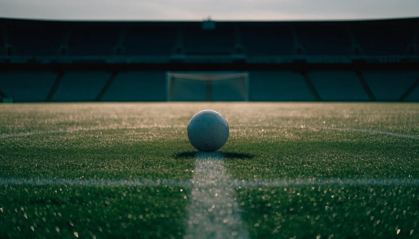 Ein Fußball ruht auf dem Mittelkreis eines leeren Rasenplatzes in der Morgendämmerung, Tau liegt auf dem Gras.