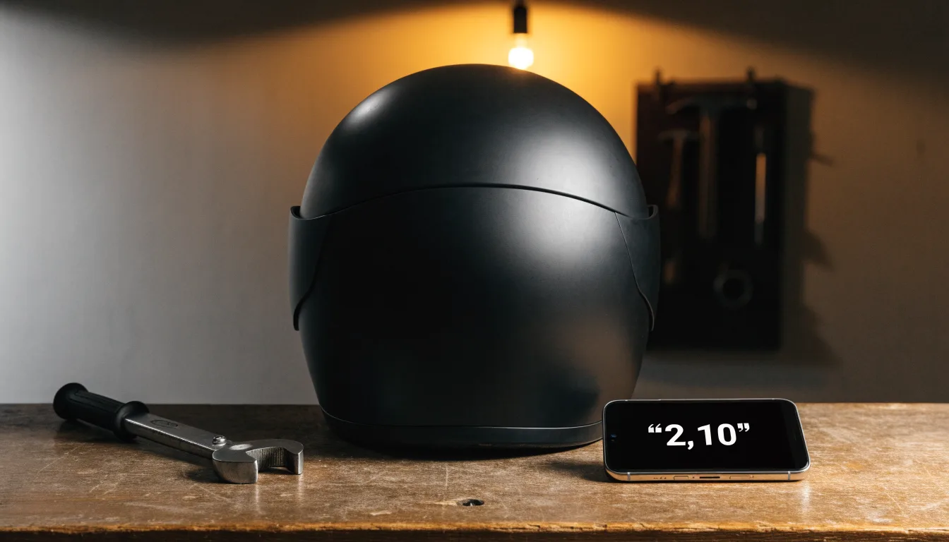 Ein schwarzer Motorradhelm ohne Aufdruck liegt auf einer Werkbank neben einem Schraubenschlüssel, warmes Licht einer Werkstatt.