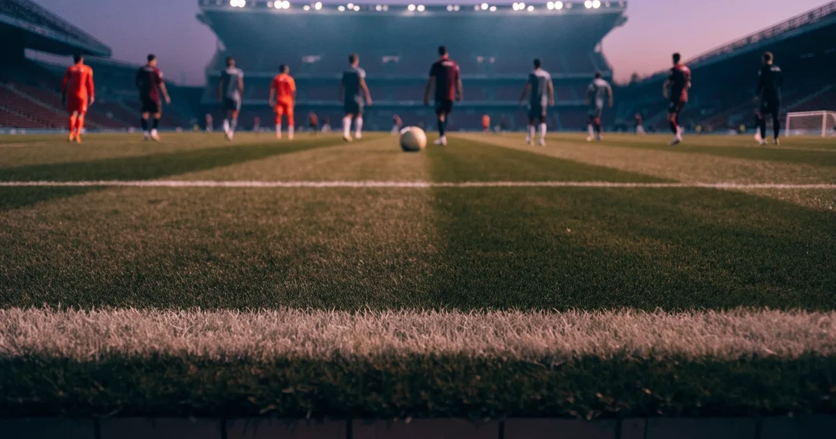 Ein Fußballplatz mit frisch gemähtem Rasen im Abendlicht, ein Ball liegt im Strafraum, im Hintergrund unscharf eine leere Tribüne.
