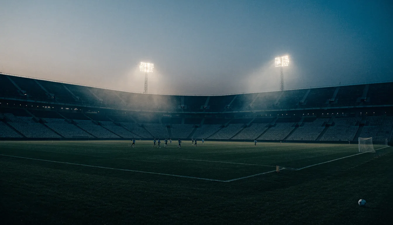 Ein großes Stadion unter Flutlicht, aus der Ferne über eine dunkle Wiese gesehen, die Lichtmasten spiegeln sich im Dunst der Abenddämmerung.