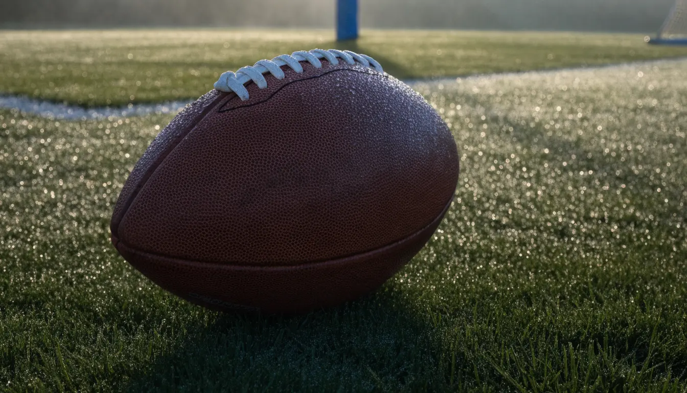 Ein ovaler Lederball mit heller Schnürung liegt auf dem Rasen vor der Endzone, Tau auf dem Gras im ersten Morgenlicht.