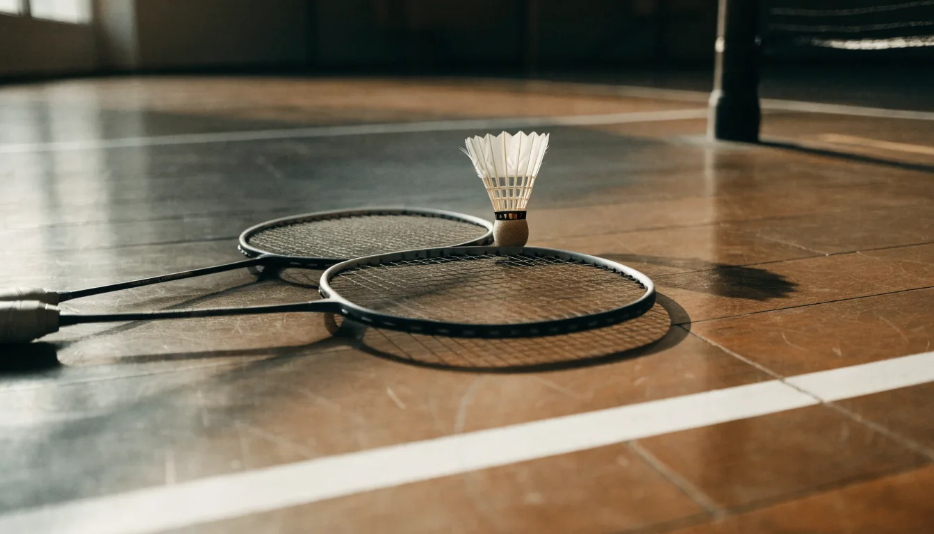 Zwei Badmintonschläger und ein Federball liegen auf einem Holzboden neben der Seitenlinie, weiches Licht fällt von der Seite ein.