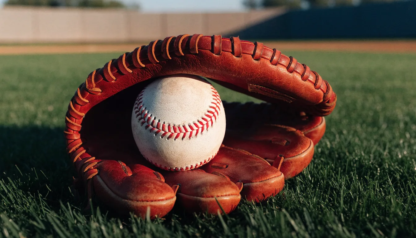 Ein weißer Baseball und ein Lederhandschuh liegen auf kurz geschnittenem Gras, im Hintergrund eine verschwommene Spielfeldbande.