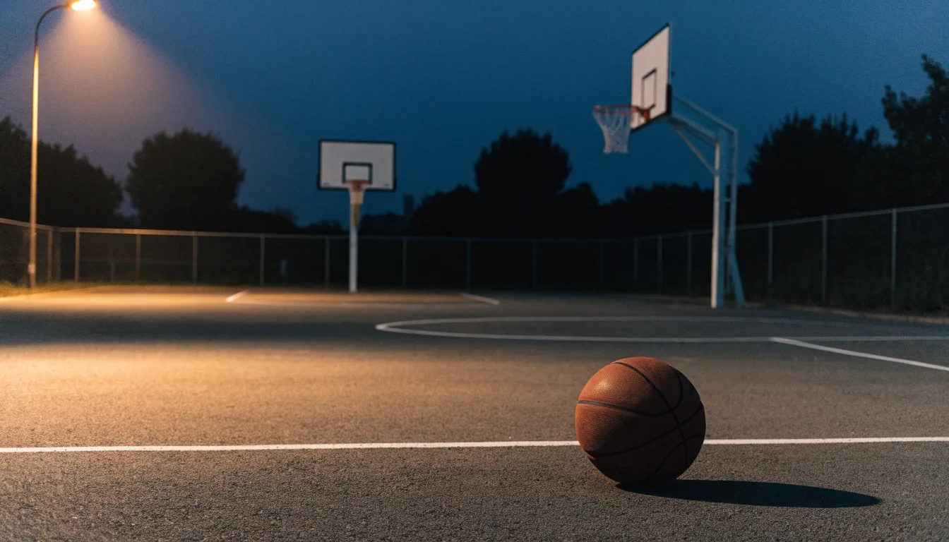 Ein Freiluft-Basketballplatz am Abend mit Asphalt, Linien und zwei Körben unter einer Straßenlaterne.