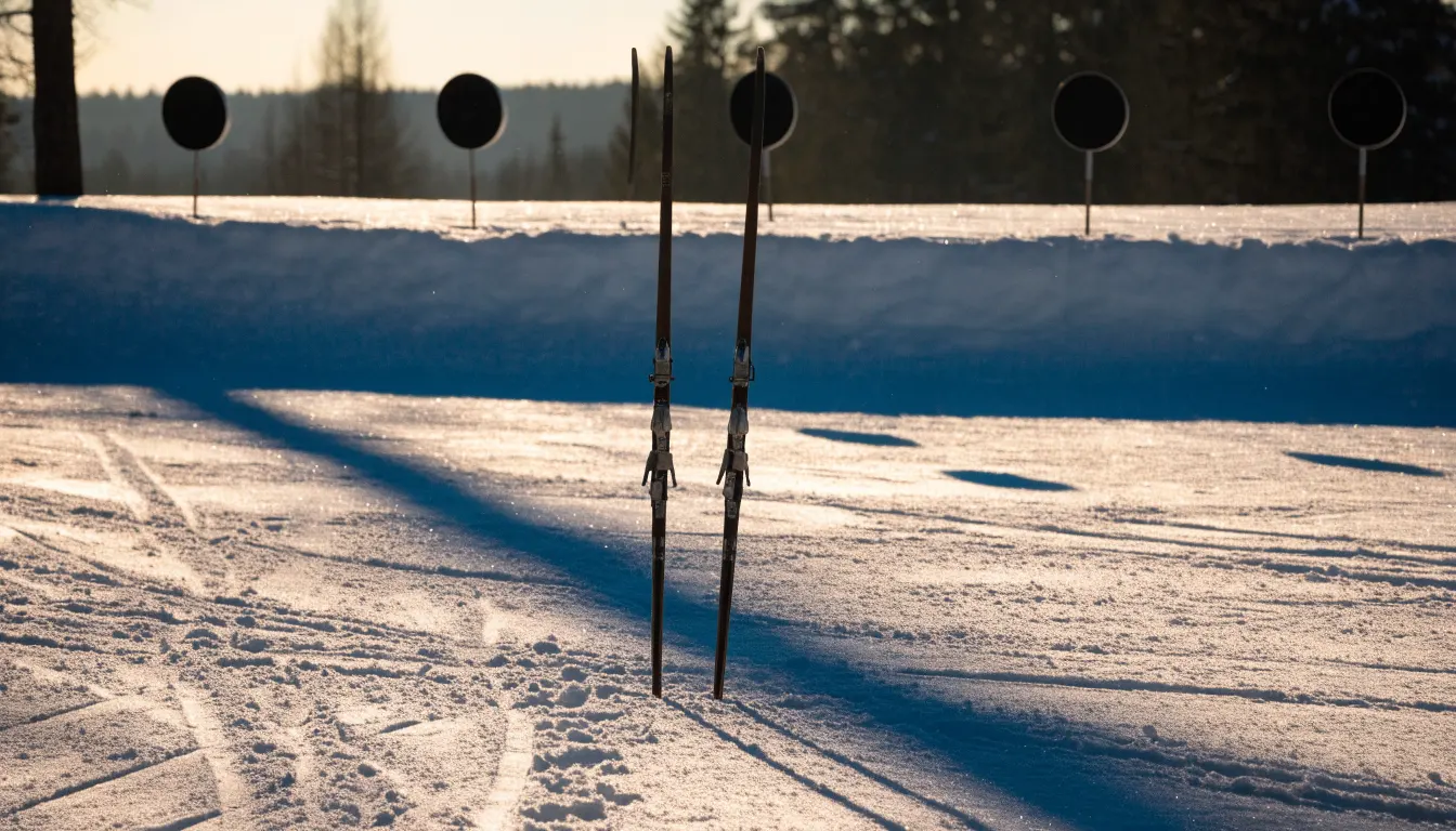 Ein Paar Langlaufskier steckt aufrecht im Schnee neben einem leeren Schießstand mit runden Zielscheiben, kaltes Winterlicht.