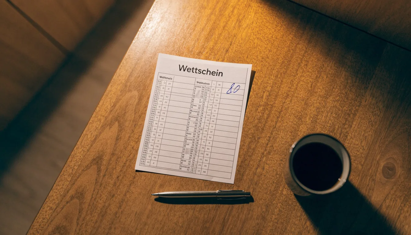 Ein leerer Papierwettschein und ein Kugelschreiber liegen auf einem Holztisch neben einer Tasse, warmes Licht einer Lampe.