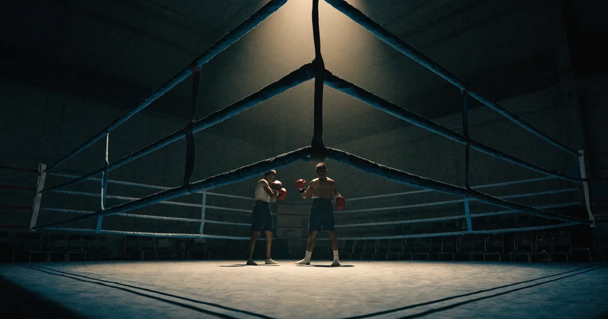 Ein Boxring mit gespannten Seilen in einer leeren Halle, ein einzelner Scheinwerfer leuchtet von oben auf die Ringmatte.