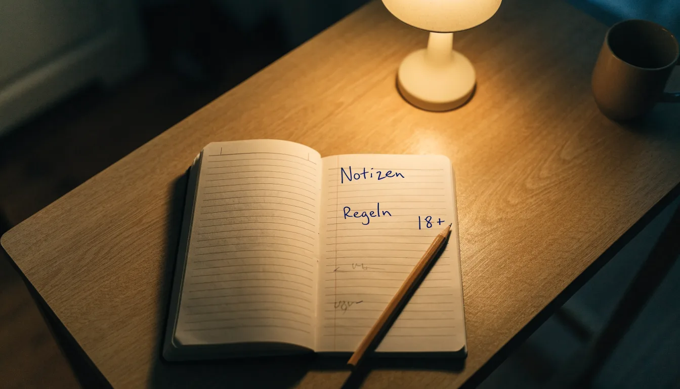 Ein Notizbuch mit handschriftlichen Notizen und ein Bleistift liegen neben einer Tischlampe auf einem Schreibtisch, ruhiges Abendlicht.