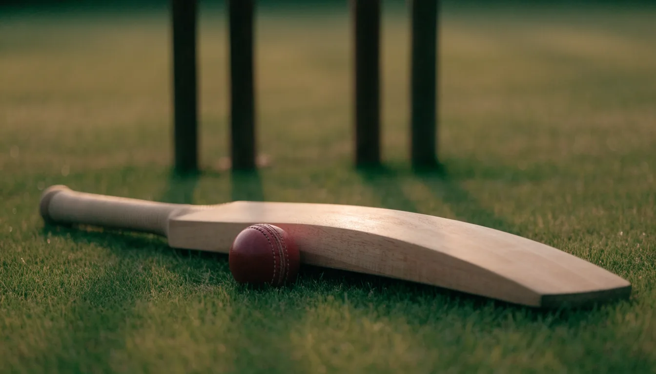 Ein Cricketschläger aus hellem Holz und ein roter Lederball liegen auf kurzem Rasen, weiches Abendlicht.